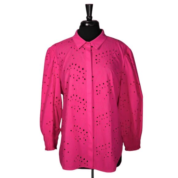 Chico's Women's Shirt Button Up Pink Floral Eyelet Puff Sleeve Top 4 US XXL/20 - Picture 1 of 9